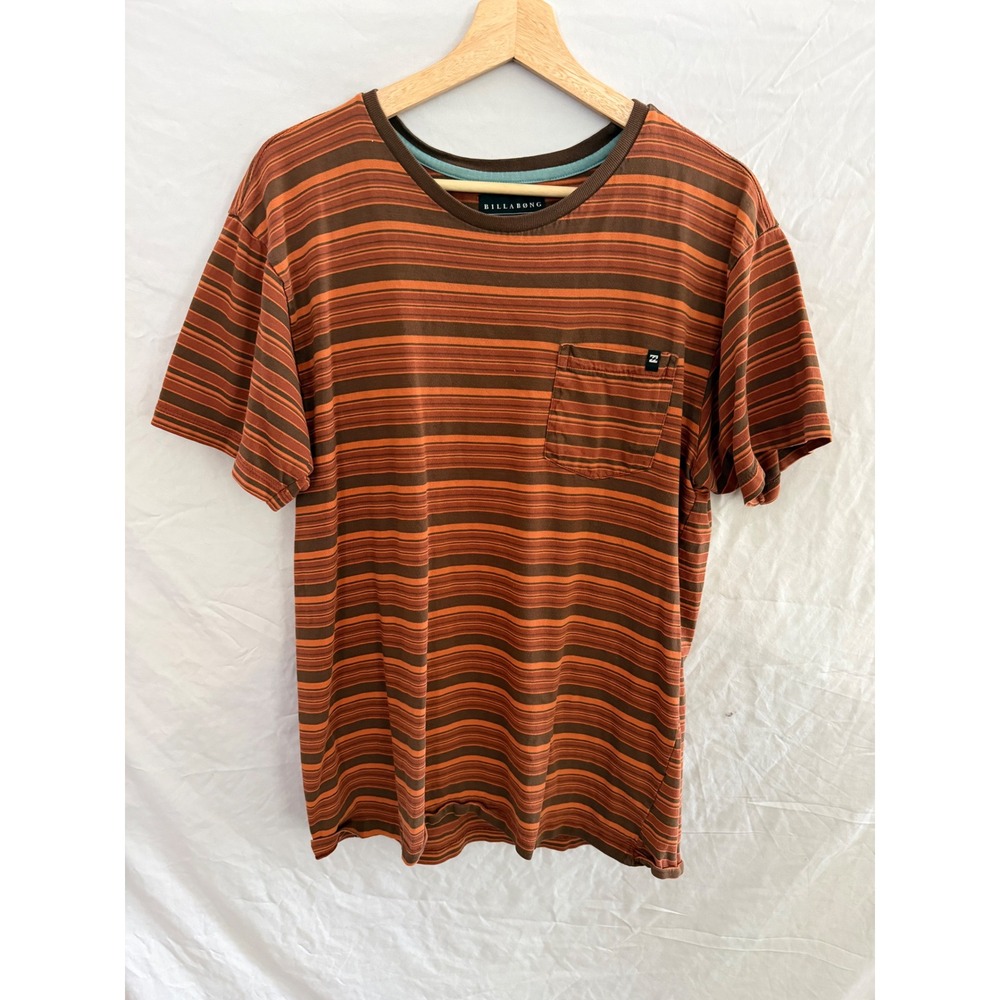 Billabong Baxter Pocket T-Shirt Mens Orange Brown Striped Cotton Surf Tee Medium